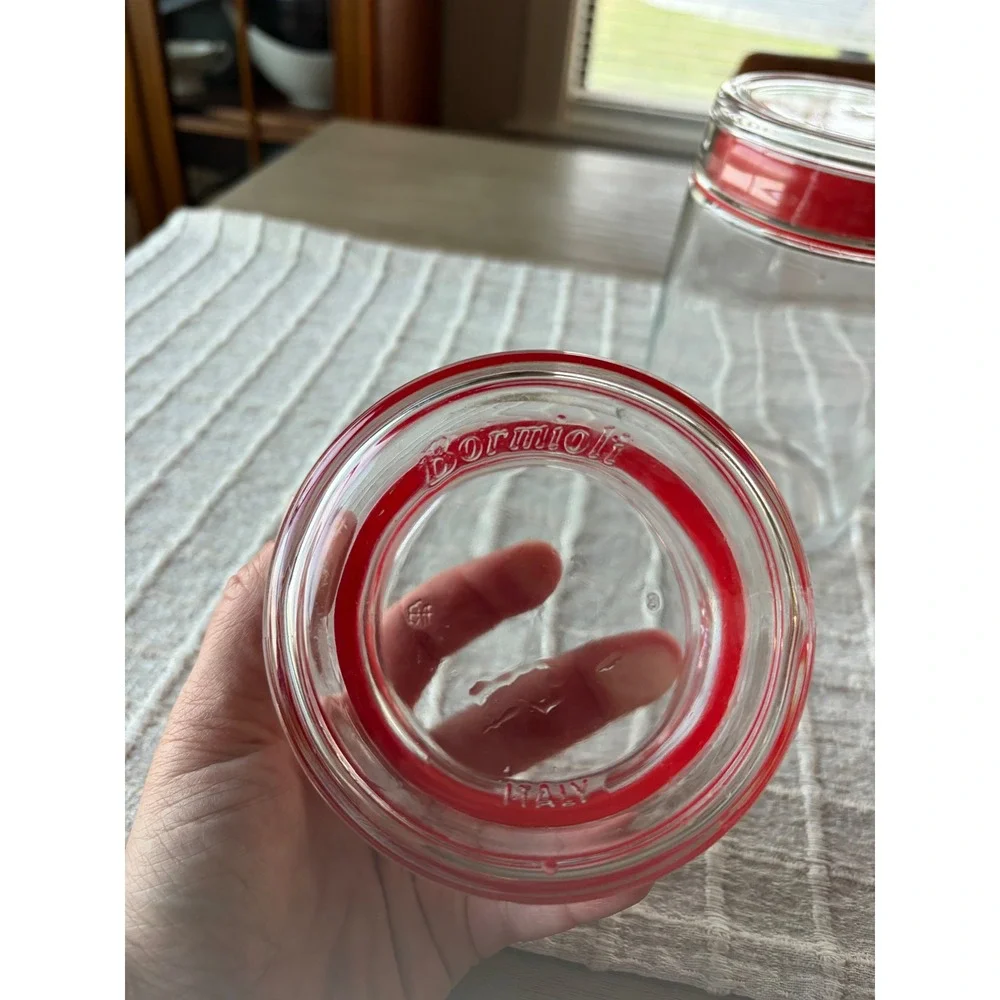 Bormioli Rocco Italy Glass Canister Set 3 Red Seal Kitchen Storage Jars Vintage